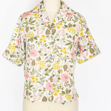 1960s Blouse Cotton Floral Shirt Top M 