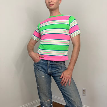 60s Day-glo pink and green striped t-shirt 