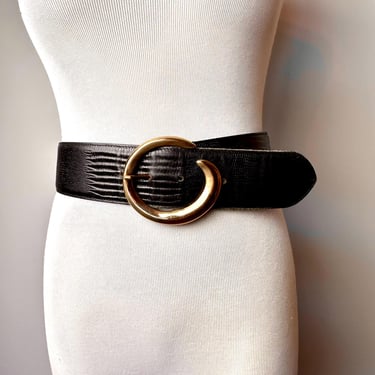 90’s vintage black leather perforated belt~ Saks Fifth Avenue~ shiny gold buckle~ wide dress belt~ boho glam retro / size Small 26”-28” 