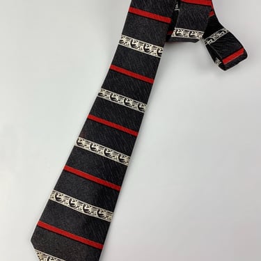 1950's Tie - Horizontal Design in a Grayish~Black Background with Red & White Stripes 