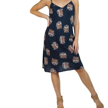 Morphew Collection Navy Tiger Head Print Cold Rayon Bias Maxi Slip Dress 