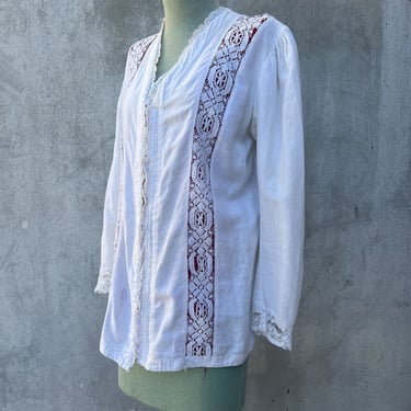 Antique Edwardian White Linen Blouse Crochet Lace Red Silk Dress Bodice Vintage