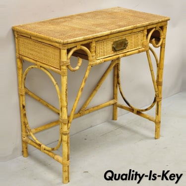 Vintage Rattan and Bamboo Victorian Style Small Vanity Table Desk with Drawer