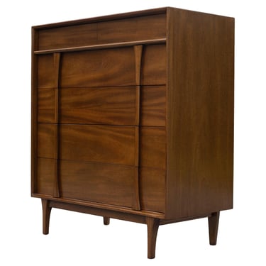 Restored Mid-Century Modern 5-Drawer Tall Dresser by Red Lion in Sculpted Walnut
