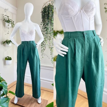 Modern 1940s Style Pants | REFORMATION Forest Green Linen High Waisted Rise Pleated Work Office Trousers (small) 