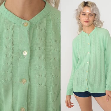 Mint Green Cardigan 70s Button up Cable Knit Sweater Retro Acrylic Knit Cableknit Pastel Grandma Sweater Hippie Spring Vintage 1970s Small S 
