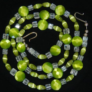 Mod 60's neon green cats eye crackle glass sterling necklace, psychedelic beaded 825 silver statement 