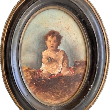 Antique 19th C Portrait Oil Painting of a Baby 