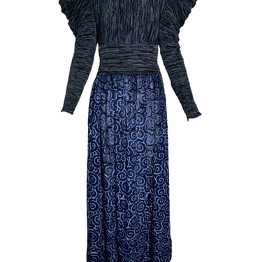 Mary McFadden 80s Blue Pleated Gown with Cut Velvet Skirt.