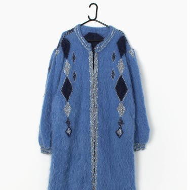 Vintage blue mohair long cardigan coat with diamond pattern - Large / XL 