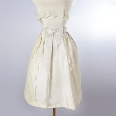 60's Ivory Lace Dress Mod Vintage Wedding Dress, Bridal Gown, Tea Length, 1960's Party Evening Cocktail Prom Small 