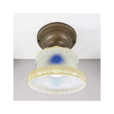 Victorian Era Ceiling Light - Pressed Brass Canopy with Tan Blue Shade - Ready to Hang - 1920's 