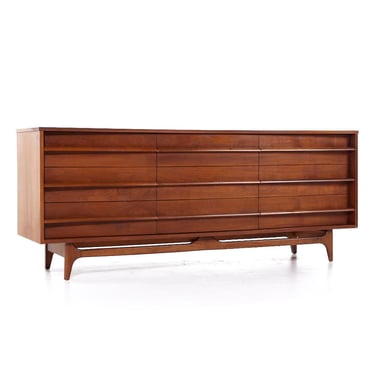 Young Manufacturing Mid Century Walnut Curved Lowboy 9 Drawer Dresser - mcm 