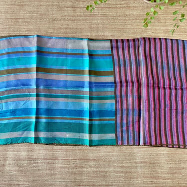 Vintage Vera Scarf - Blue Purple Teal Brown - Square Silk Scarf - Striped Design - Silk Hand Rolled - Made in Japan - Vera Neumann Scarf 