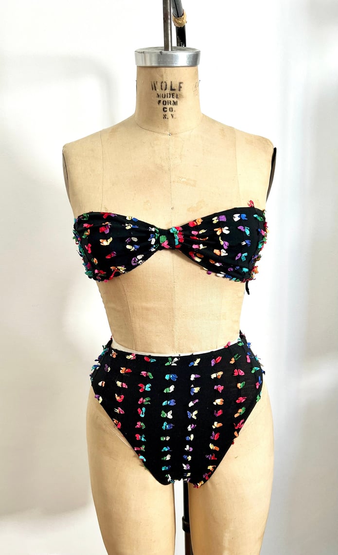 Vintage 80s 90s French Cut Bikini Bandeau Bows Black Purple