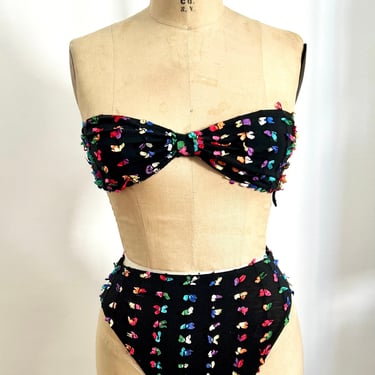 Vintage 80s 90s French Cut Bikini Bandeau Bows Black Purple Pink Green Swim Bathing Suit 1980s 1990s Medium Small Swimsuit Summer 