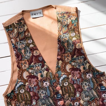 teddy bear tapestry vest 80s 90s vintage Facets embroidered waistcoat 