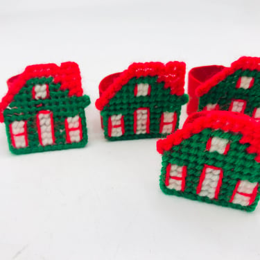 Vintage Set of (4) Holiday Red and Green Needlepoint  Christmas House Napkin Rings-- ready for the Holidays 