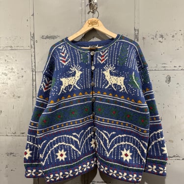 Vintage Dale of Norway Knit Cardigan  Sweater with Geometric Holiday Metal buttons Details Wool Reindeer 