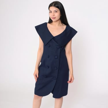Vintage 80s Navy Blue Party Dress Portrait Collar Double Breasted Button Up Structured Sleeveless Mini Cocktail Night Out Sheath Small 6 