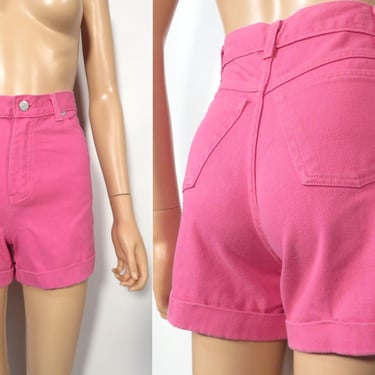 Vintage 90s Bubblegum Barbie Flamingo Pink Rolled Hem Denim Shorts Size 25 Waist Or Youth 10 