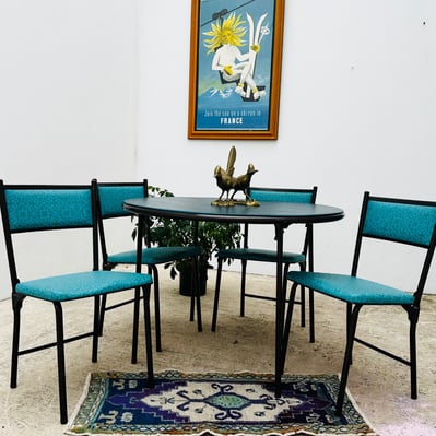 Aqua Vinyl Scroll Pattern And Black Metal Mcm Folding Mcm Dining Table With Chairs / Set