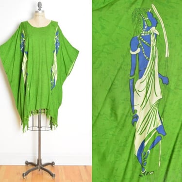 vintage 90s dress green African people print caftan draped batik batwing tribal clothing 