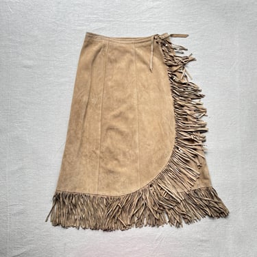 Vintage HB Native American Southwestern Tan Suede Fringe Wrap Skirt 