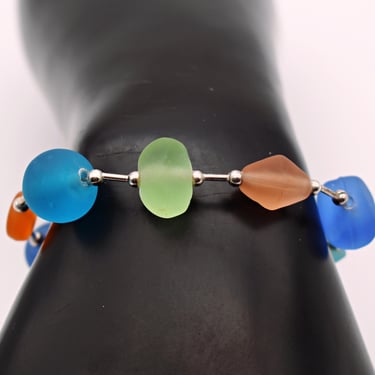 80's sea glass sterling toggle clasp bracelet, colorful 925 silver geometric boho bracelet 