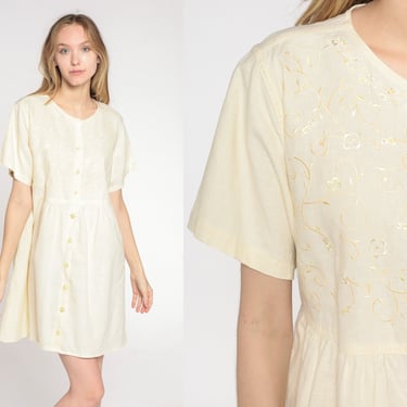 Pale Yellow Babydoll Dress 90s Floral Embroidered Mini Dress Button Up Dress Girly Bohemian Short Sleeve Vintage 1990s Cotton Linen Large L 