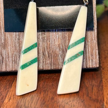 Vintage Dangle Earrings Retro Plastic Ivory Green Stripe Acrylic 