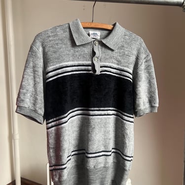 70’s/80’s vintage gray and black striped short sleeve terry cloth polo shirt 