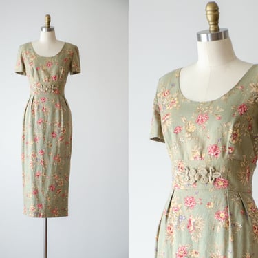 green floral linen dress | 90s vintage Donna Morgan sage green embroidered nipped waist longline midi dress 