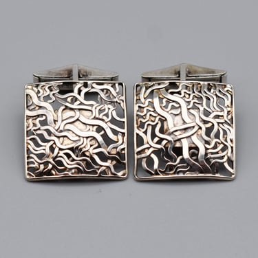 Avant Garde 60's sterling wavy strings swivel back cuff links, square 925 silver chaotic ribbons cufflinks 