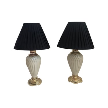 Vintage postmodern pair table lamps brass black pleated shades ceramic 1980s 80s New wave 