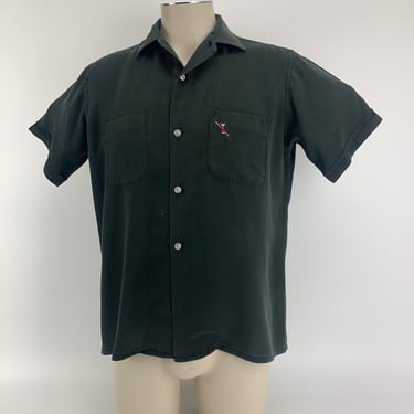 1950's Rayon Shirt - WINGS LABEL - Faded Black Fabric - 2 Patch Pockets - Embroidered Crest  - Men's Size MEDIUM 
