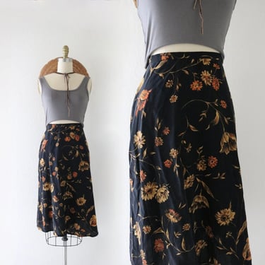 silk botanical skirt - 31 - vintage 90s y2k womens black floral spring summer dark floral minimal 