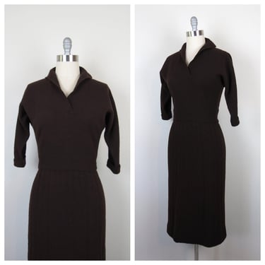 Vintage 1950s knit set skirt and matching top 2 piece set boucle chocolate brown medium 