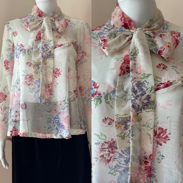 1970's Sheer Floral Flowy Pussybow Blouse Medium 