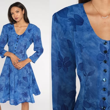 90s Floral Dress Sheer Blue A Line Dress Grunge Midi Dress Button Up Dress 1990s Long Sleeve Vintage Shift Flared Scoop Neck Medium Large 