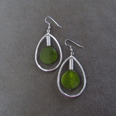 Silver and green mother of pearl shell teardrop hoop earrings, 2 