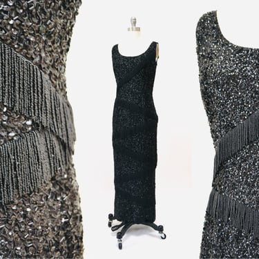 50s 60s Vintage Black Sequin Fringe Dress Gown Small 1950s 60s Long Black Sequin Beaded Showgirl Dress Sleeveless Dress Gown Bruce Arnold 