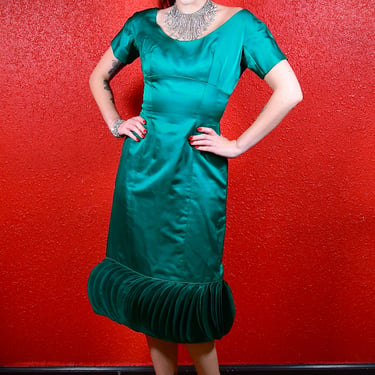 1950s Green Satin Cocktail Dress Flutter Hem 
