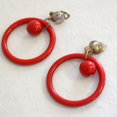 1960s Red Plastic Hoop Dangle Clip Earrings 
