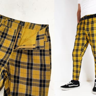 Mens Tartan Check Sta Press Style Trousers 60s Mod - Yellow Navy Blue 