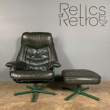 Green Leather Skoghaug Reclining Swivel Lounge Chair With Matching Footstool/Ottoman Mid Century Vintage Retro MCM 
