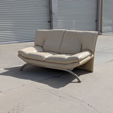 1980s Italian Cream / Beige Loveseat | Leather | Sofa | Couch | Postmodern | Made in Italy | Vintage | Unique | Teak | genuine leather | MCM 