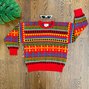 80s Colorful Geometric Wool Sweater / Winter / Size M/L 