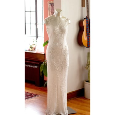 Vintage Beaded Wedding Gown - Scala - 100% Silk, Plunging Cowl Back, Bodycon - 1990s - 1930s Style Floor Length, Bridal, Wedding Dress 