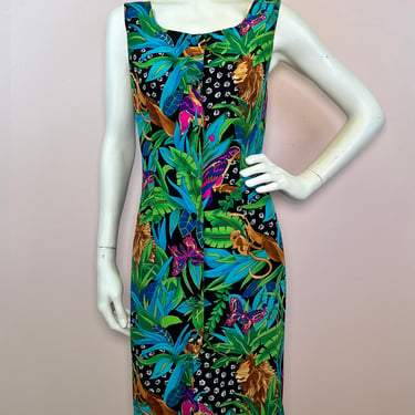 Vtg 1980s tropical animal jungle print mini dress 